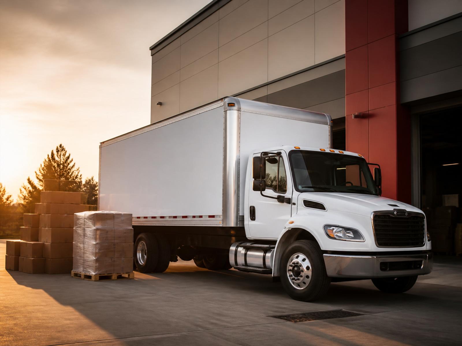 26-foot box truck loaded with moving boxes and freight pallet