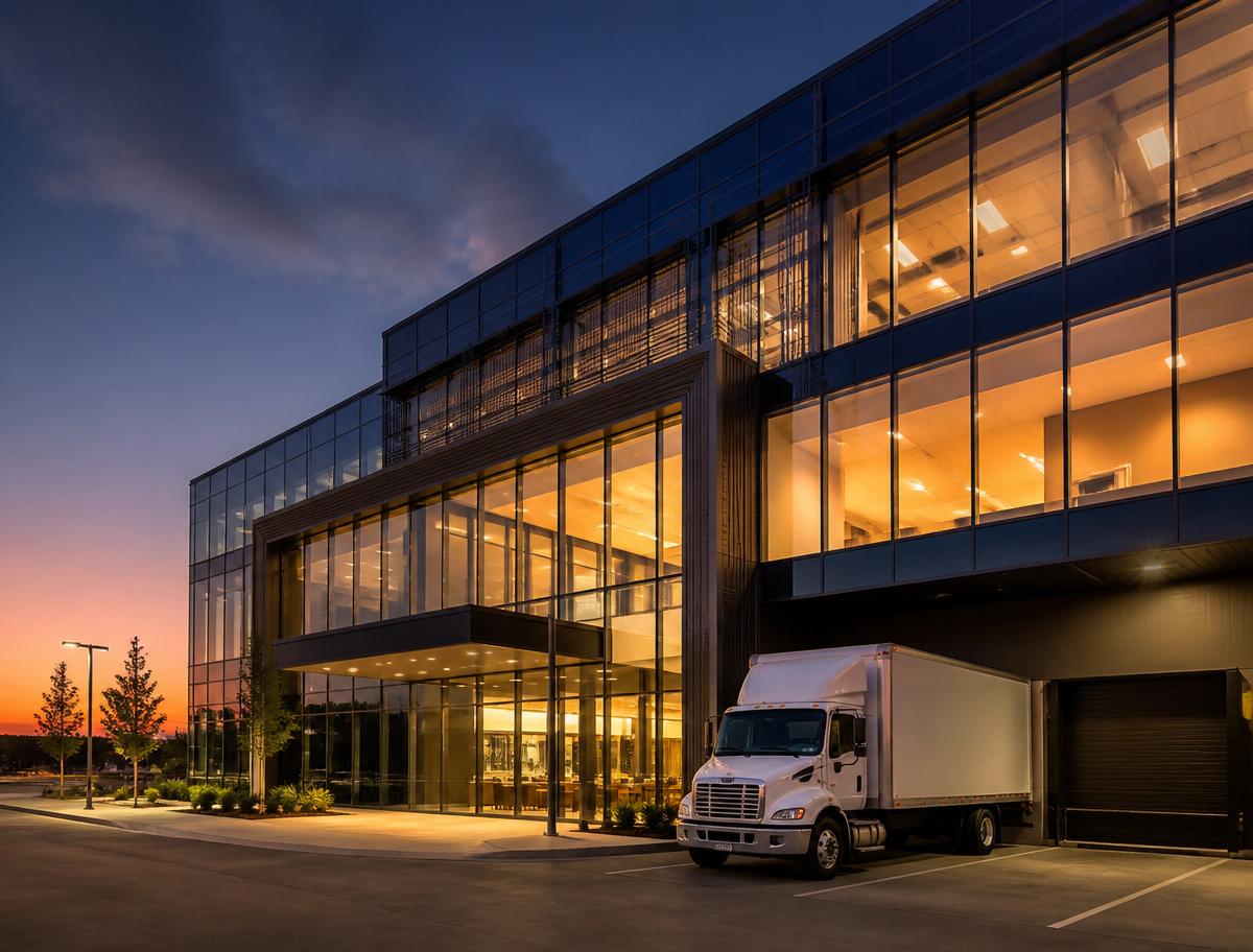 Commercial building with box truck at loading area
